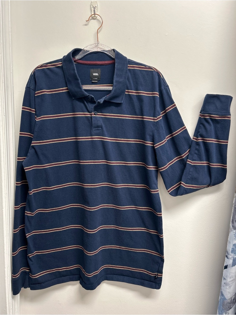 Vans Navy Rugby Style Long Sleeve Polo with Burgundy Stripes